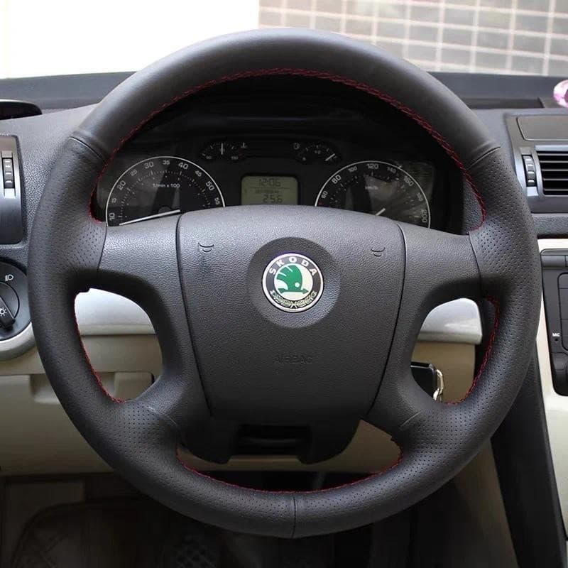 Capa De Volante De Couro Personalizada Preta Costurada À Mão Para Skoda Roomster 2006-2009 Fabia Octavia 2004 Superb 200
