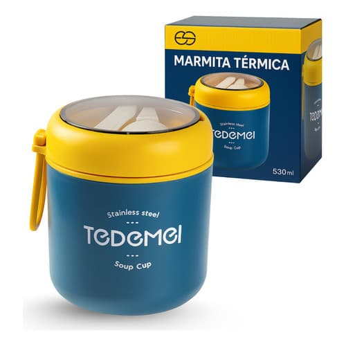 Pote Marmita Térmica Alimentos Aço Inox 530ml Com Colher Azul