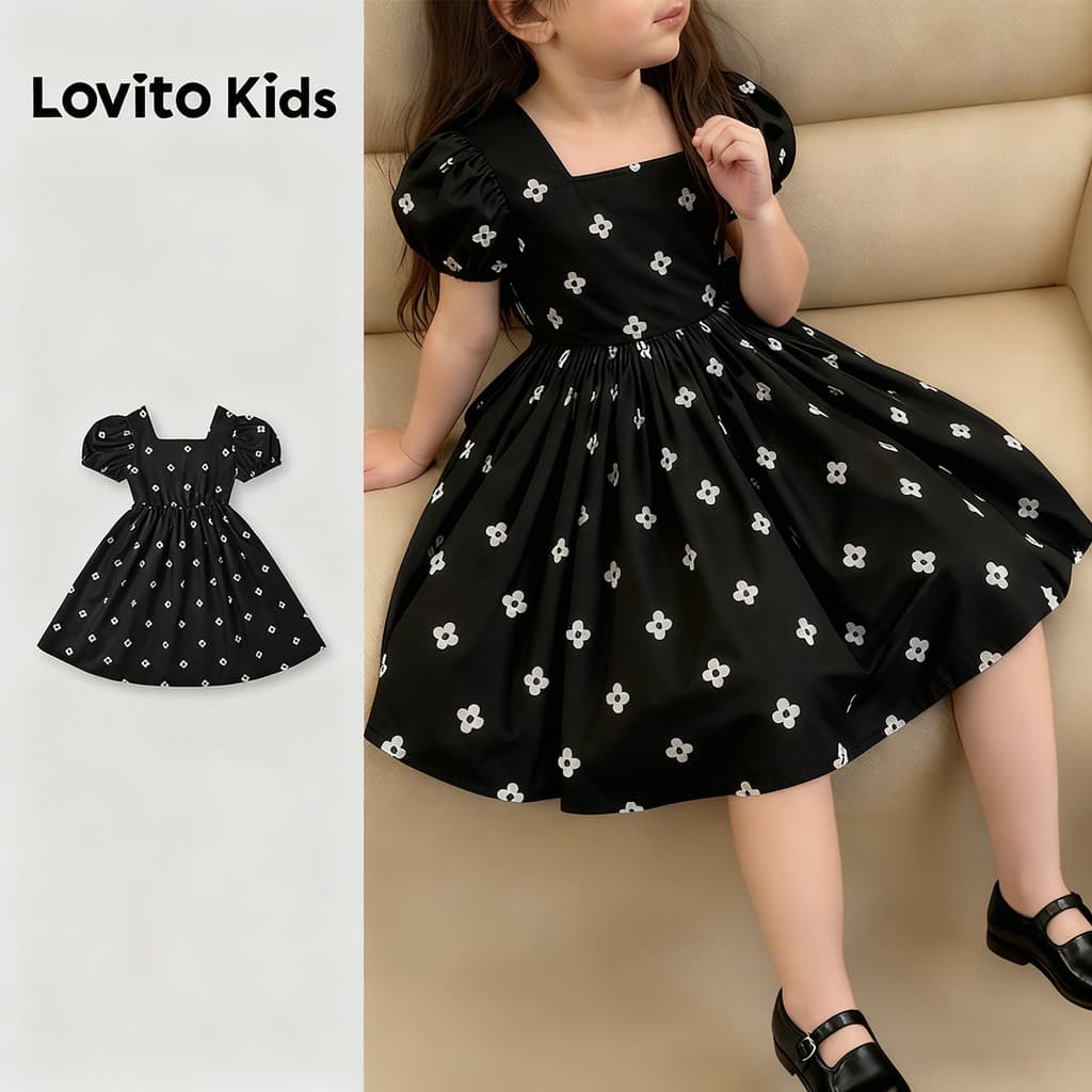 Lovito Kids Vestido Casual Babado Primavera/verão Preto para Menina L168LD183