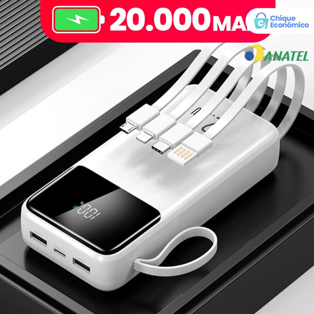 Power Bank 20000mAh com Visor Digital: Carregamento Ultra-Rápido e 4 Portas USB, Carregador Portátil