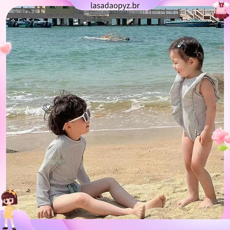 Fato De Banho Básico Listrado Estilo Coreano Para Meninos E Meninas (Com Conjunto De Touca)