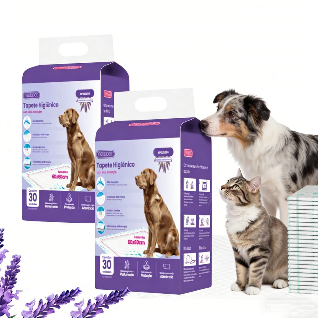 Newpet Tapete Higienico Confort Pads 80x60cm Para Caes Cachorro e Gatos com 60 Unidades Lavanda -com Borda Sem fugas