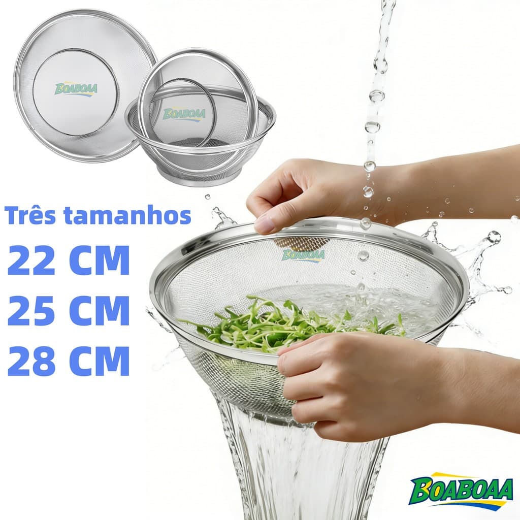 Kit 3 Cestos Escorredores Inox 22/25/28cm – Para Alimentos, Arroz e Legumes