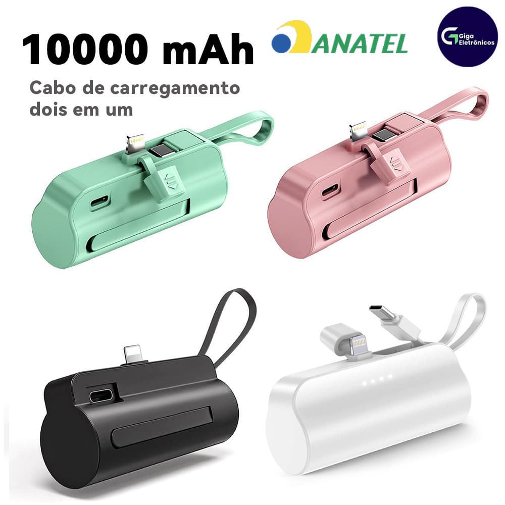 Recarga Rápida Sem Fio: Mini Power Bank 10000mAh 2em1 com Entradas iPhone e USB-C
