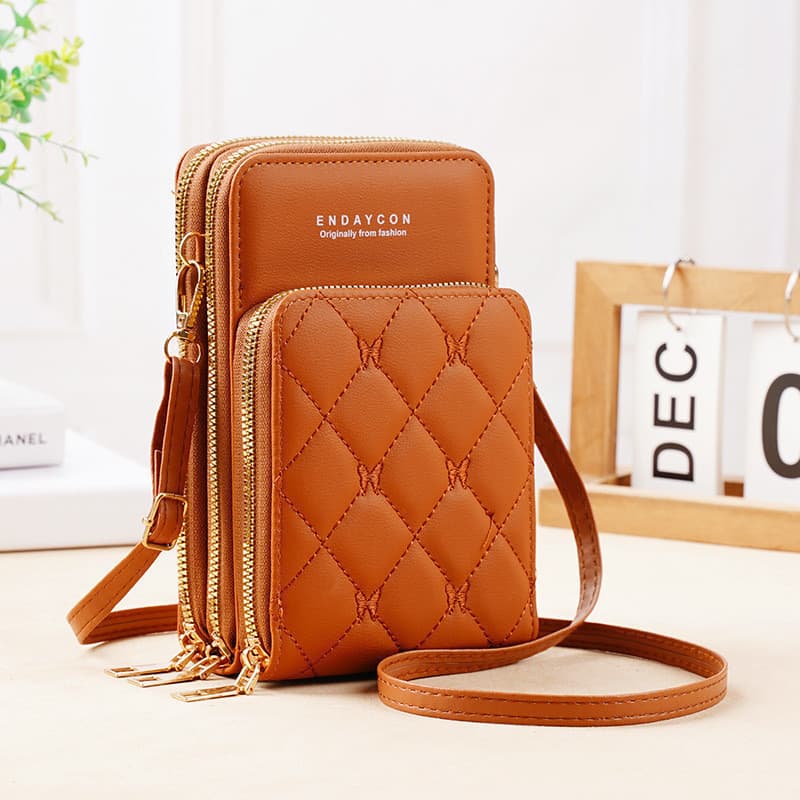 Bolsa para celular com zíper feminino de três camadas versão coreana elegante multifuncional bolsa de ombro com zíper de