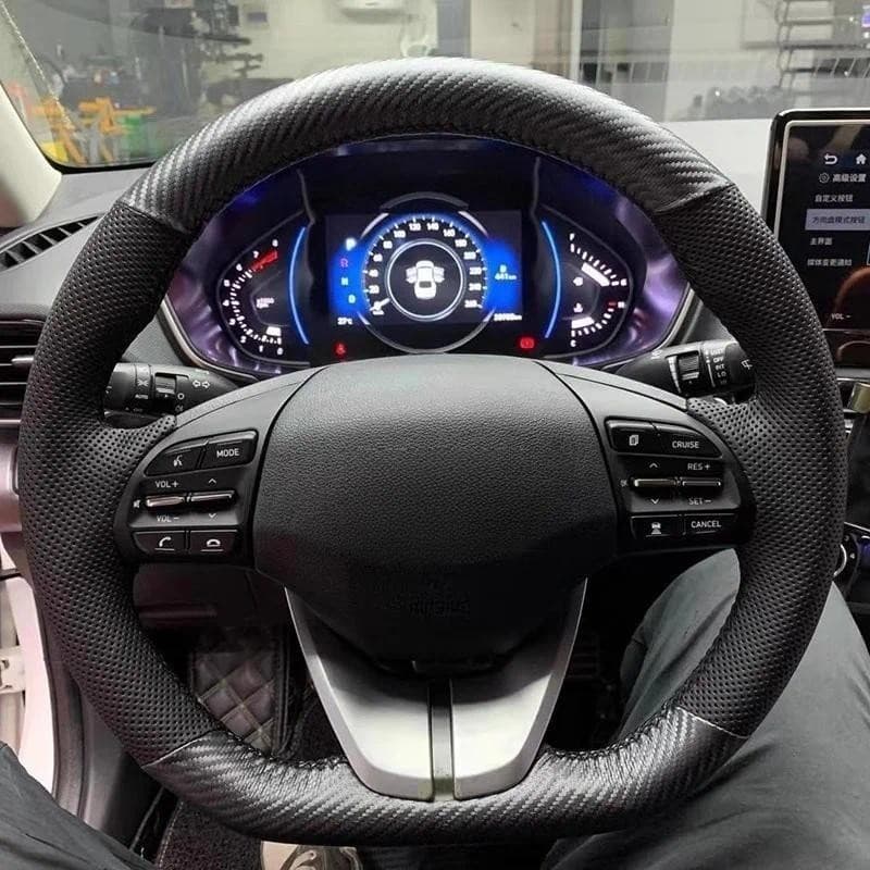 DIY Mão-Costura Preto Fibra De Carbono Couro Genuíno Para Hyundai Veloster Elantra I30 2017-2020 Volante Do Carro Covera