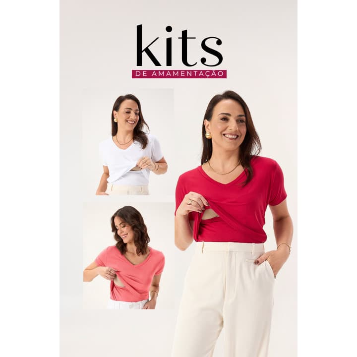 KIT 3 BLUSAS DE AMAMENTAÇÃO GOLA V | CORAL • VERMELHA • BRANCO
