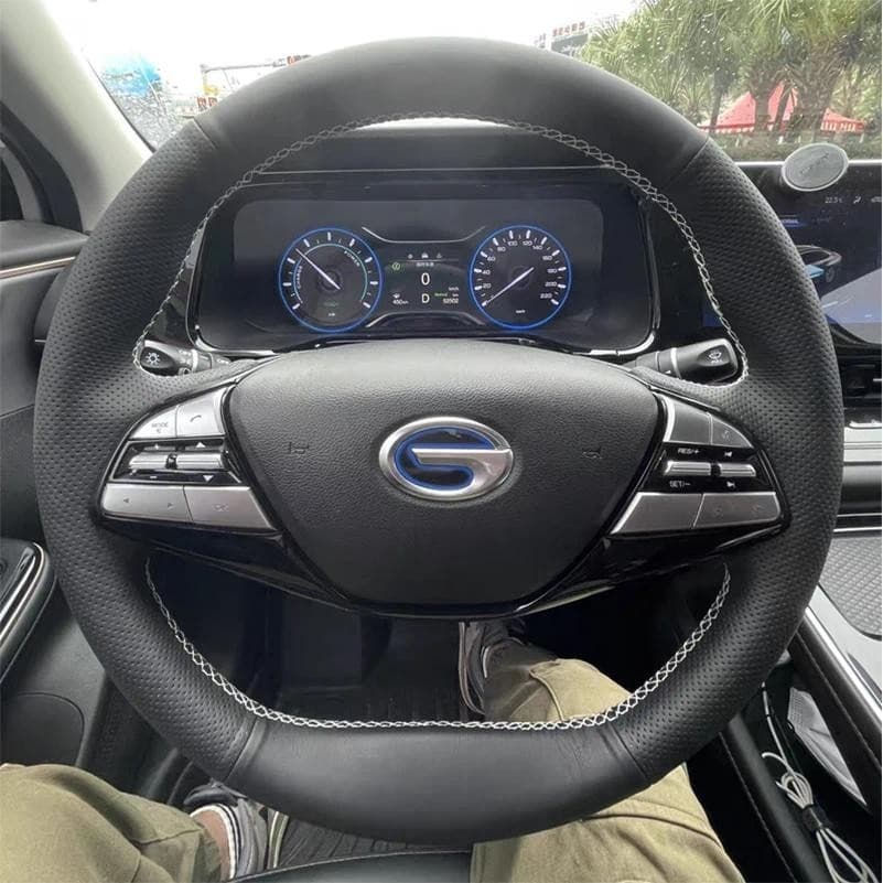 Para Trumpchi AION 580 Sv LX 2019-2023 Costurado À Mão Preto Couro Genuíno Linha Branca Antiderrapante Capa De Volante D