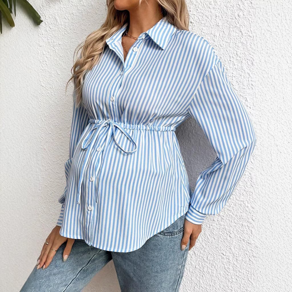 Roupa de maternidade 2026, primavera e outono, blusa listrada com gola dobrada, camisa de comprimento médio, manga longa