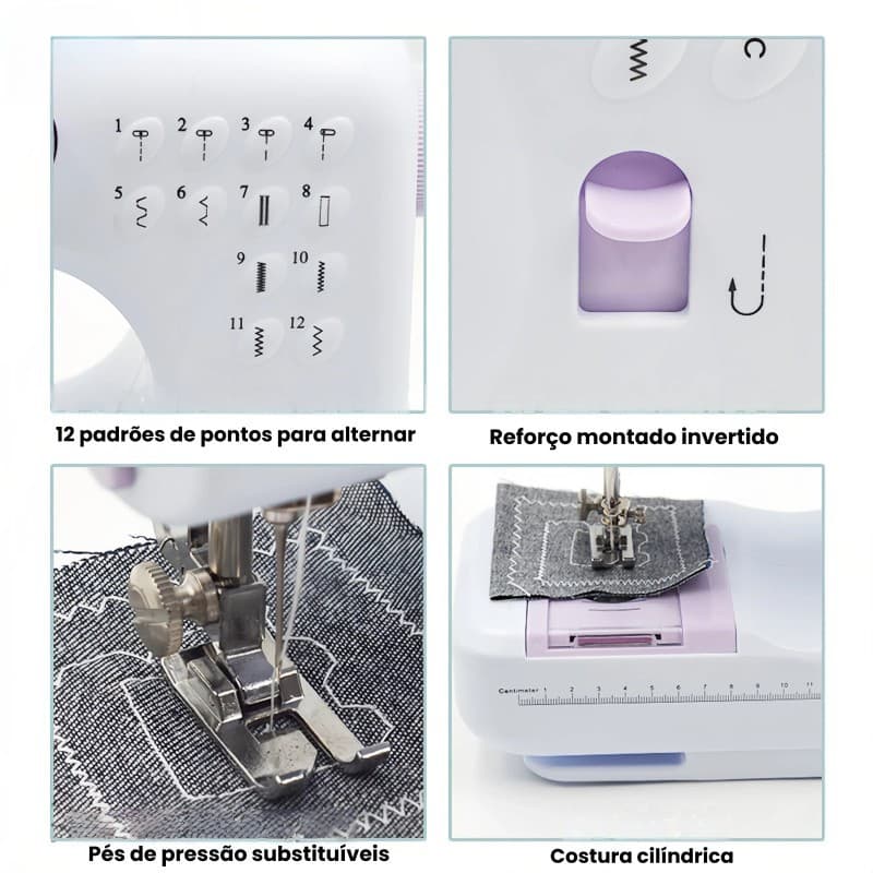 Mini máquina de costura portátil para uso doméstico, 12 pontos, elétrica, dupla voltagem 110V/220V.