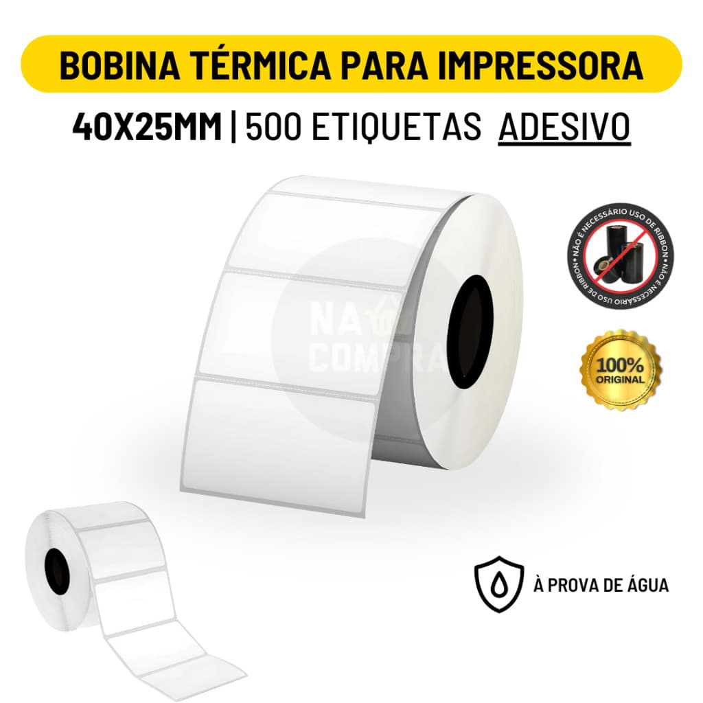 Rolo Etiqueta Adesiva 40x25mm 4x2,5cm (1 coluna) Impressora Térmica 10 Metros 600 Etiquetas