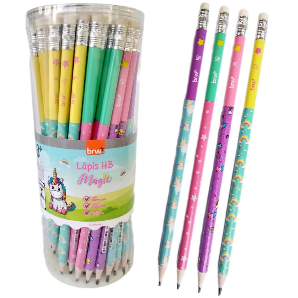 LP7211P - Kit Lápis de Escrever Escolar Preto HB Magic Decorado com Borracha BRW