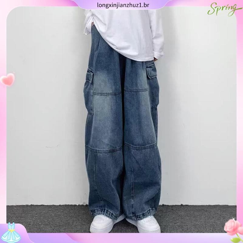 calça jeans feminina cargo calça cargo preta Ins High Street Hip-Hop Quatro Estações Casual Macacão de Perna Larga Reto