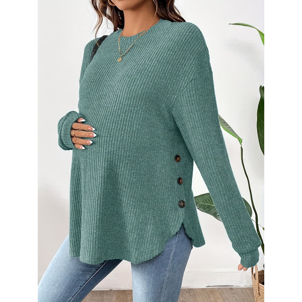 Nova Blusa de Maternidade para Outono e Inverno, Pulôver Casual com Decote Redondo, Mangas Longas e Detalhe de Botões.