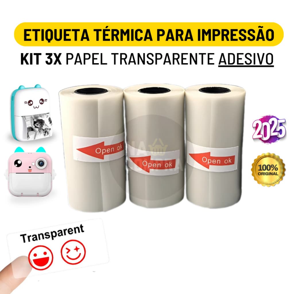 Kit 3 Rolo Etiqueta Adesiva Transparente Térmica 57mm Bobina Para Mini Impressora Portátil