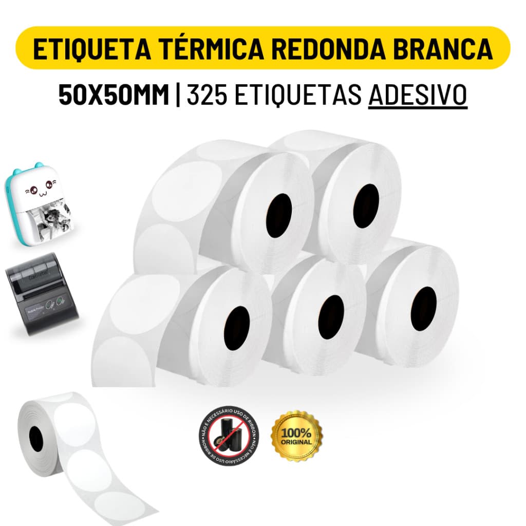 Kit 5 Rolo Etiqueta Adesiva Térmica Redonda 50x50mm Para Mini Impressora Portátil e Outras