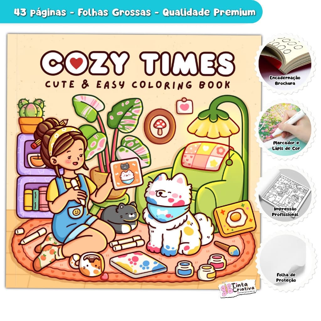 Cozy Times | Livro de colorir com meninas, meninos e pets em momentos de descontração e relaxamento | 43 Páginas 120g/m