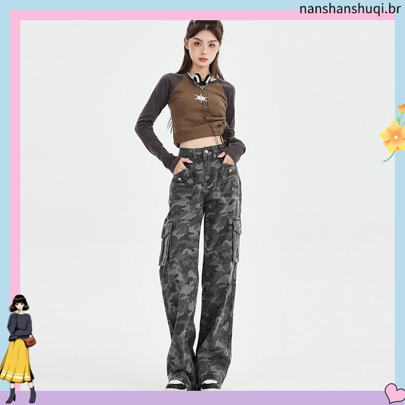 calça cargo preta calça cargo jeans Estilo americano cinza camuflagem macacão feminino 2024 novo estilo cintura alta ma