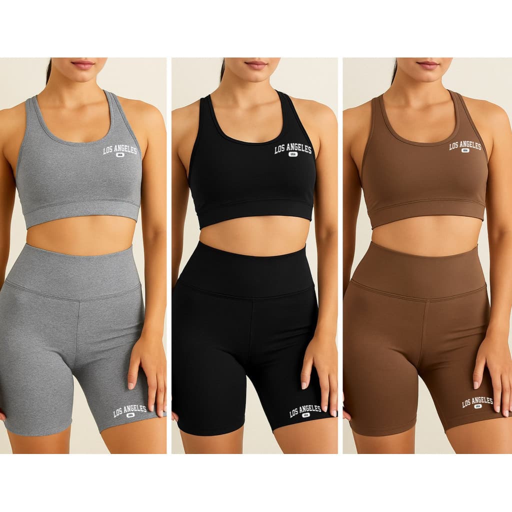 kit 3 Conjuntos Academia   Top e Shorts Feminino Los Angeles