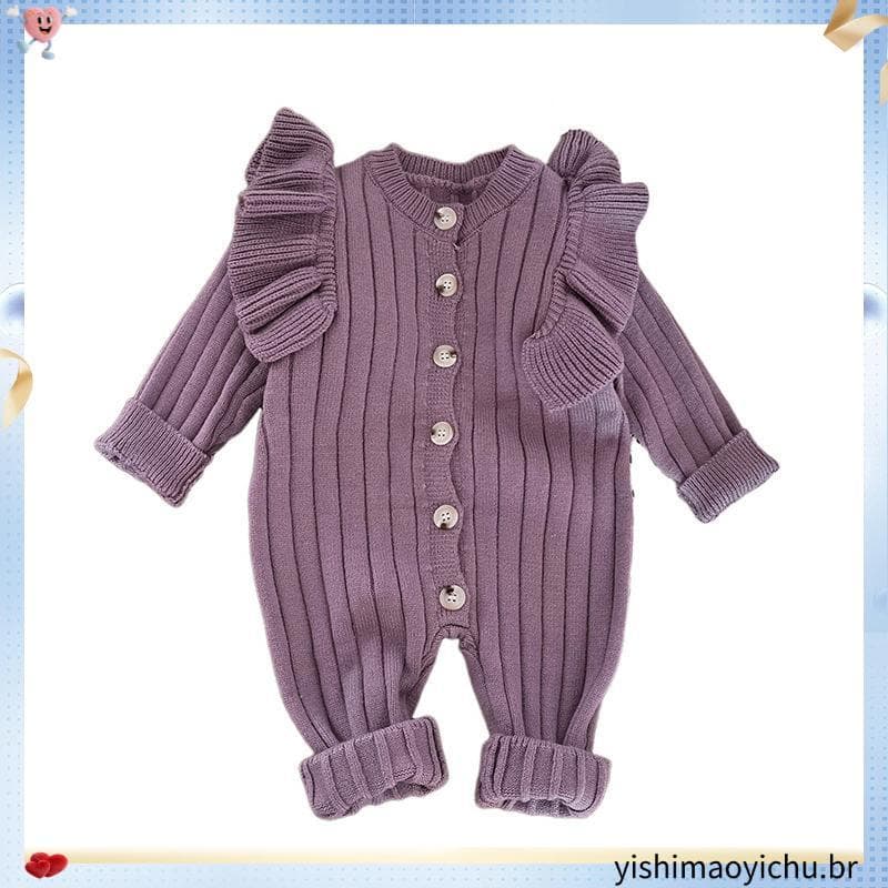 Macacão de malha para bebê menina , Mangas compridas, cor sólida, decote redondo e botões, Roupa para recém-nascido