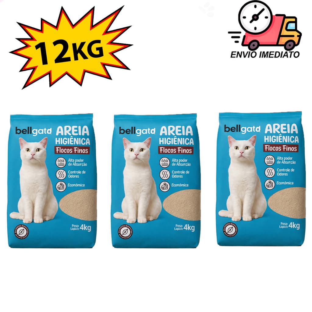 Kit 3un Areia Sanitária Higiênica Para Gatos Anti Odor 8 ou 12kg Total Bellgato Extra Fina azul