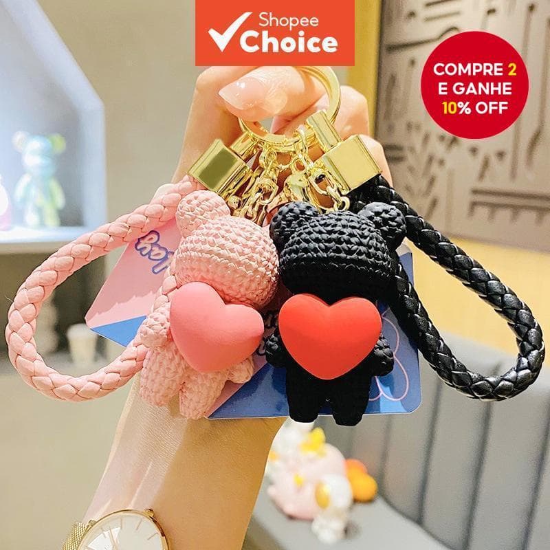 Chaveiro Urso Trançado com Coração Requintado Fêmea Rede Vermelha Boneca Carro Pingente Casal