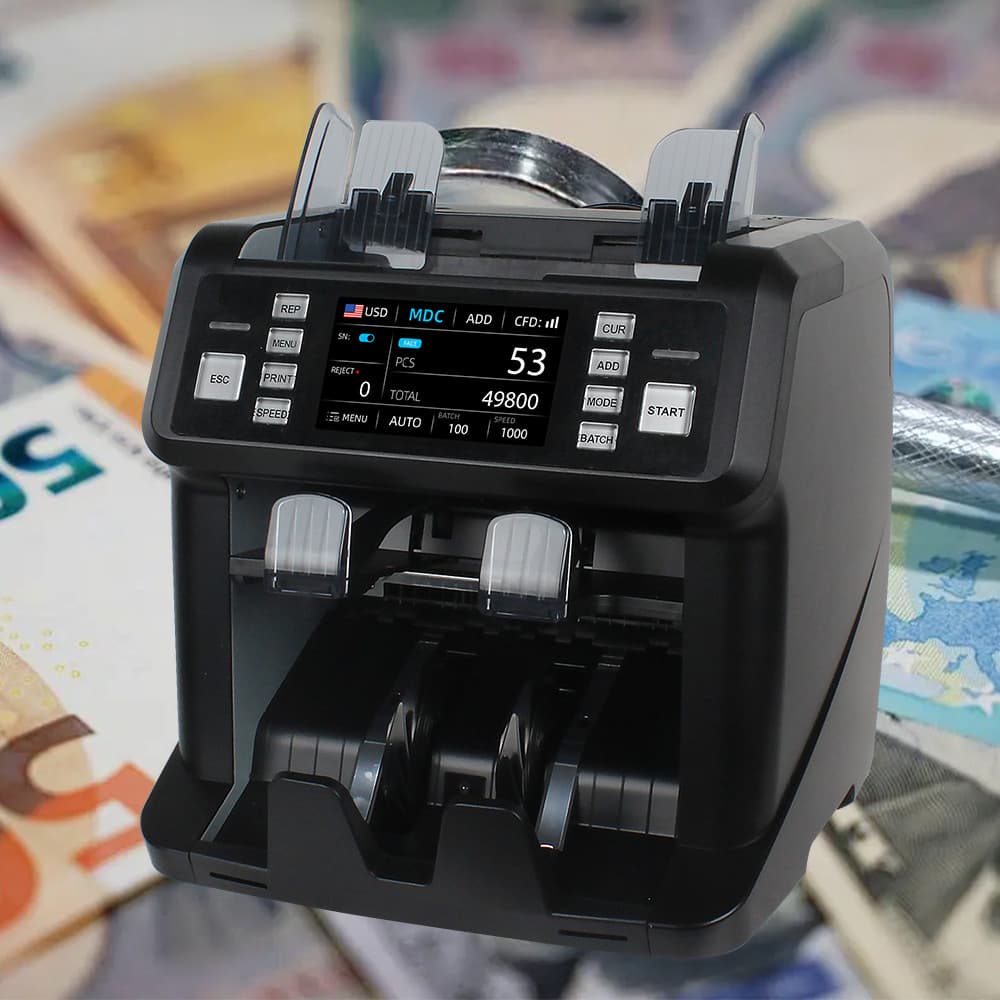 AL-955 Classificador De Dinheiro De Dois Bolsos Tela Sensível Ao Toque Contada Moedas Mistas Multi-Banknote Bill Contado