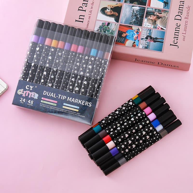 Kit 6/12/18/24/36/48 Caneta Outline Marker Metálica Linha Dupla Arte Caneta Contorno