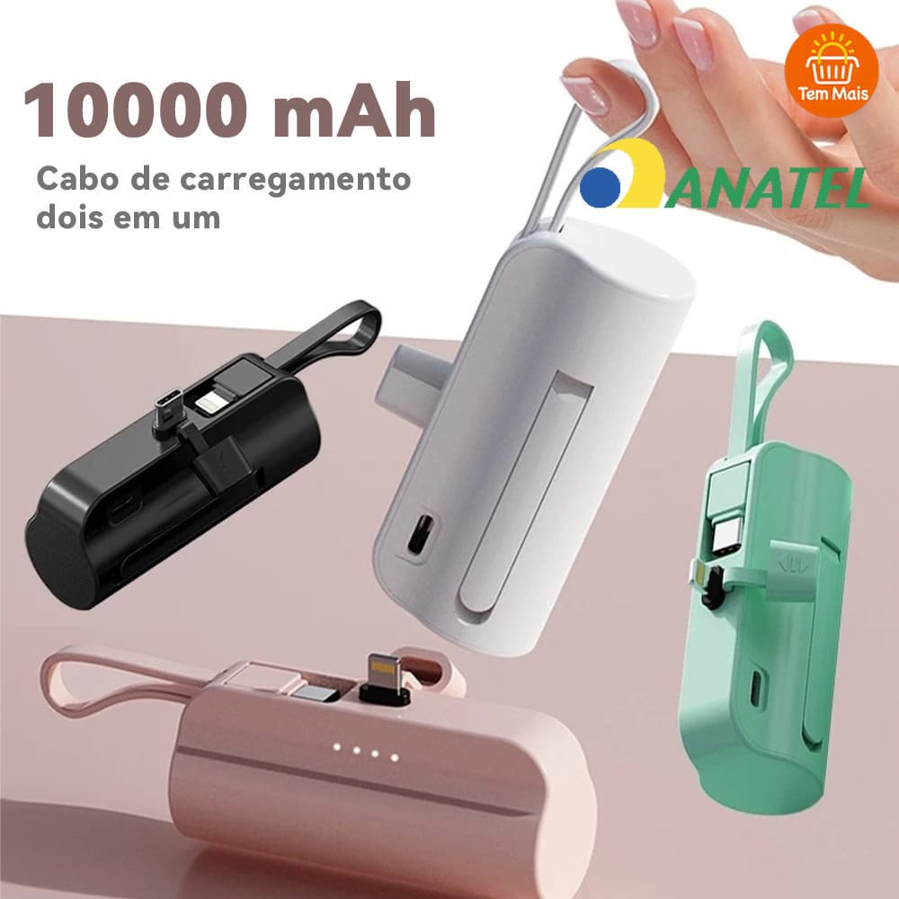 Bateria Externa 10000mAh Compacta com Carregador Sem Fio | Dupla Entrada (iPhone/Tipo-C)