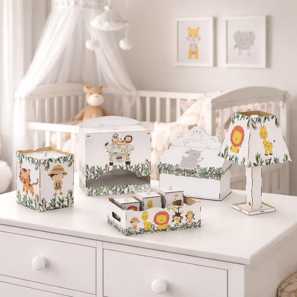 Kit Higiene Bebê safari 8 Pç Mdf Mult uso adesivado novidade Pronta Entrega promoção