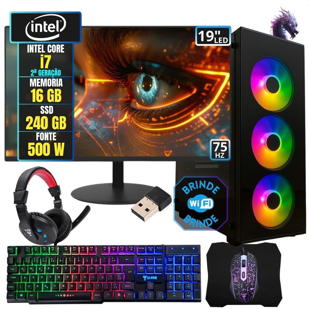 PC Gamer Computador Completo Kit Intel i7 16GB SSD 240GB Monitor 19 Três Fans Combo Com Led Pronto
