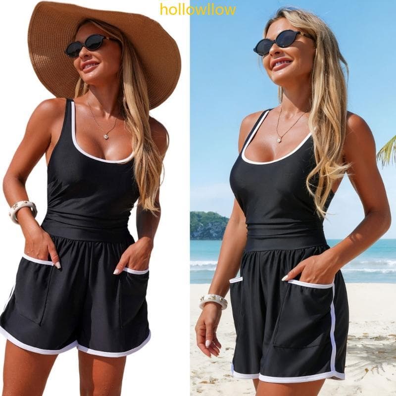 HHOT Maiô Feminino Redonda E Alça Ajustável , Trajes Banho Atléticos Dois Bolsos Frontais Para Natação Surf