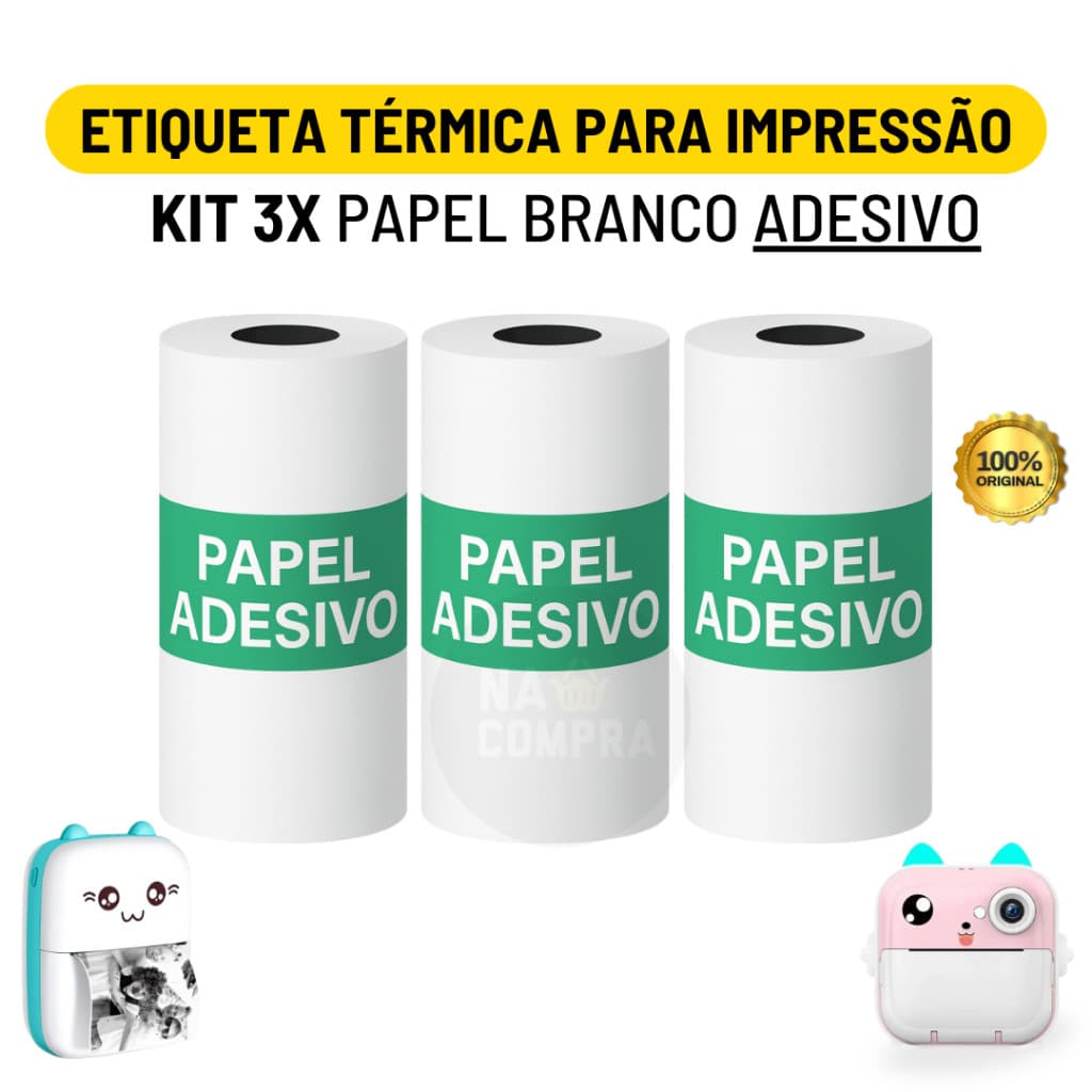 Kit 3 Bobina Etiqueta Térmica Adesiva 57x30mm Branco Rolo Para Mini Impressora Portátil a Prova De Água