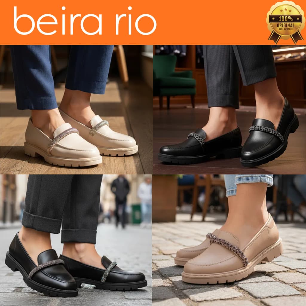 Mocassim Sapato Beira Rio Feminino Tratorado Confortável Loafer Brilho Strass Moda Casual Original