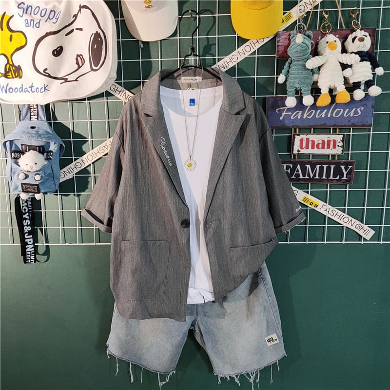 Verão Casual terno terno masculino bonito roupas masculinas um conjunto estilo Hong Kong Street Wear simples All-Match c