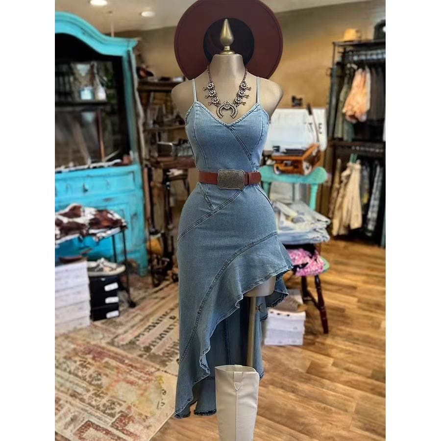 2026 Vestido Jeans Feminino Com Saia Inclinada Unilateral