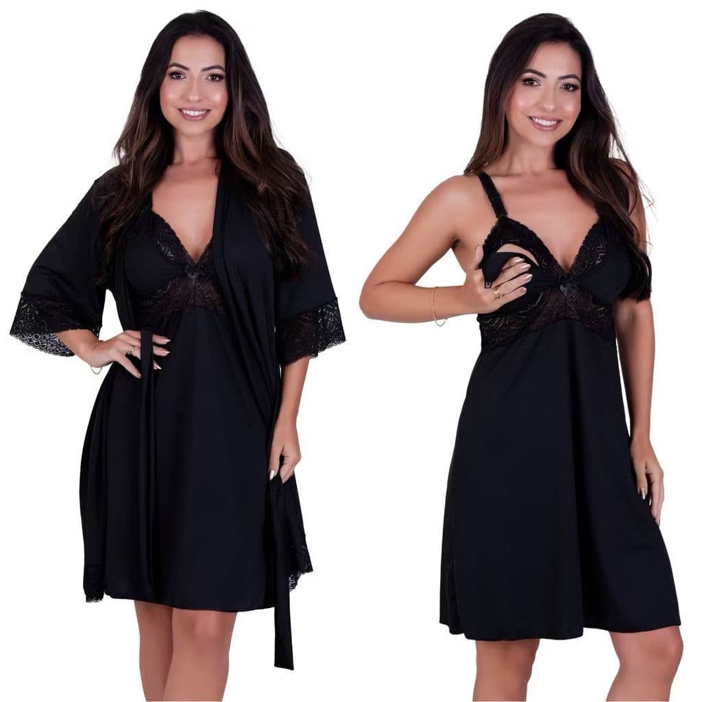 KIT CAMISOLA AMAMENTAÇÃO E ROBE CONJUNTO, SAÍDA MATERNIDADE, PÓS PARTO MAMÃE E BEBÊ