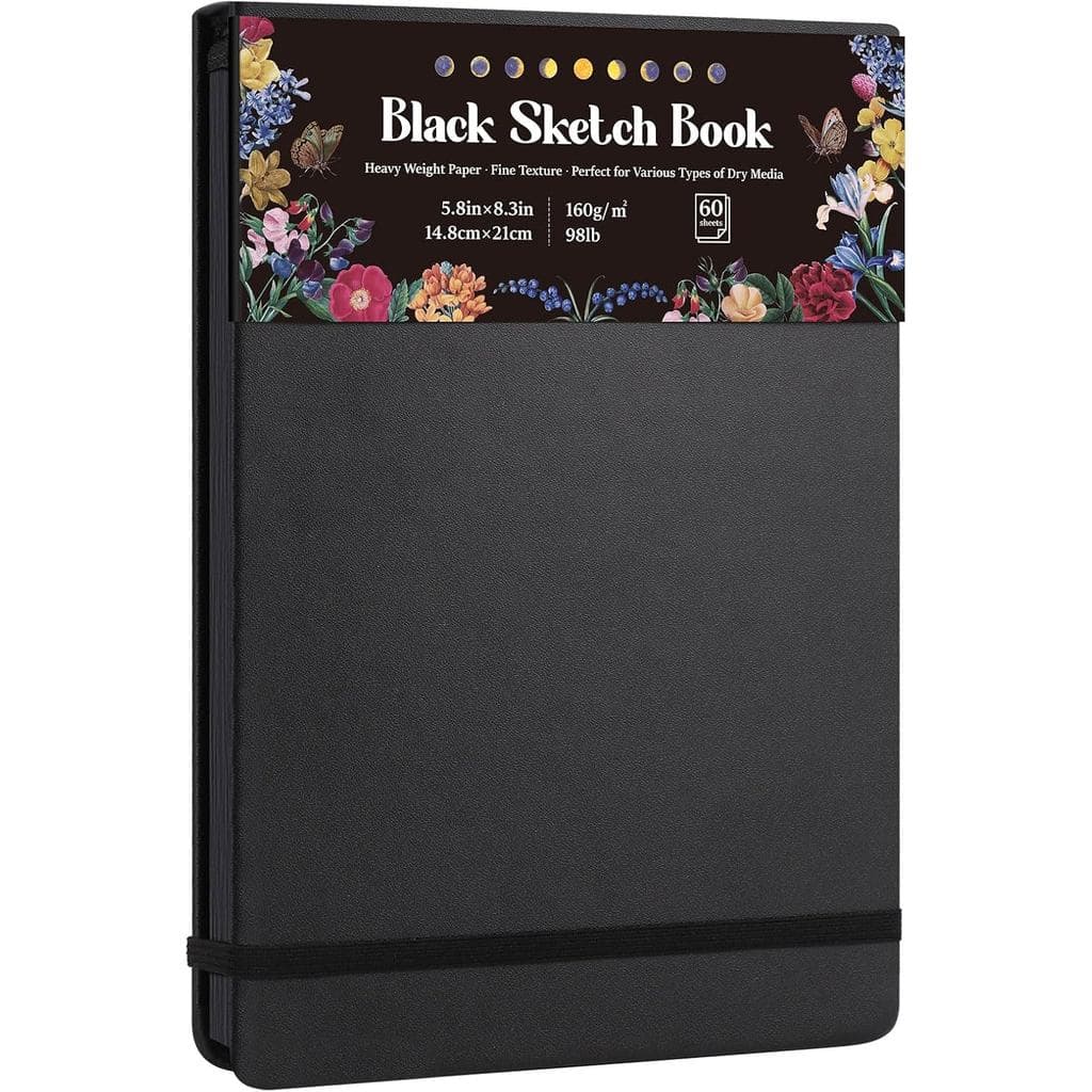 Caderno de Desenho de Papel Preto com 50 Folhas, Bloco de Desenho Preto de Alta Gramatura 98lb/160gsm 5.8×8.3in, Papel d