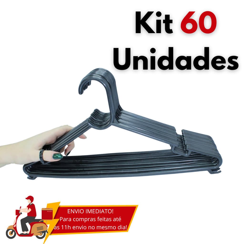 Kit 60 Cabides Redondos Preto Adulto