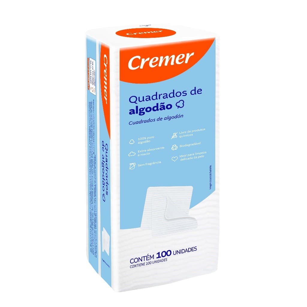 Algodão Quadrado Sem Perfume Cremer Bebê Limpeza Pele 100Un