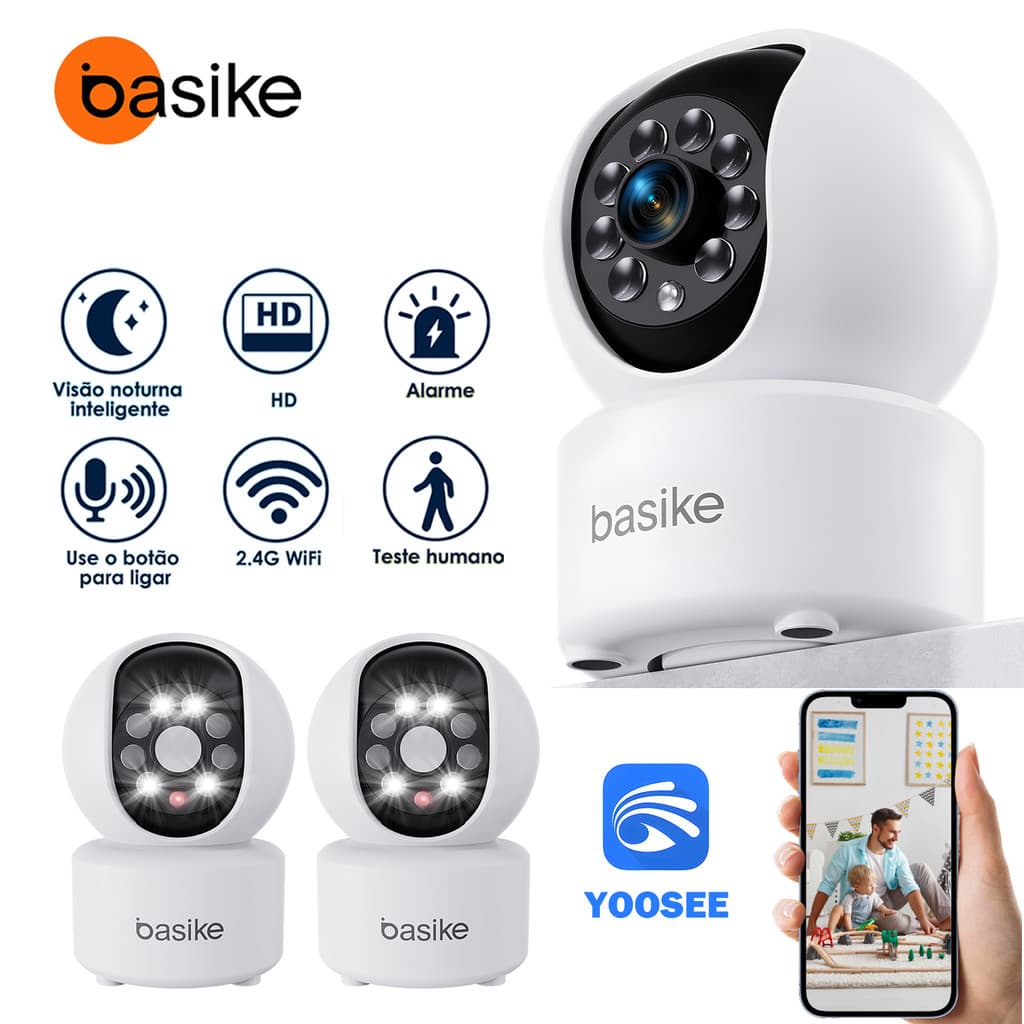 Basike Eletrônica Câmera Inteligente 2.4G Wi‑Fi– Full HD 3MP, Visão Noturna, App Yoosee
