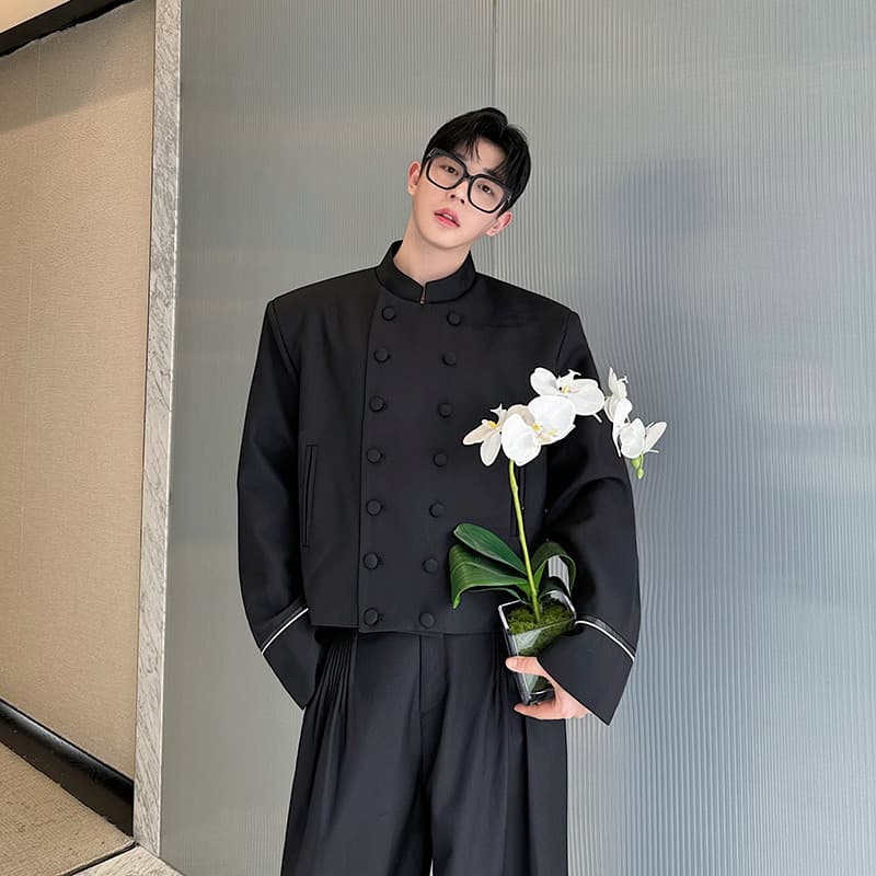 Primavera outono preto estilo chinês gola alta jaqueta de peito duplo jaqueta masculina curto nicho rufião bonito terno 