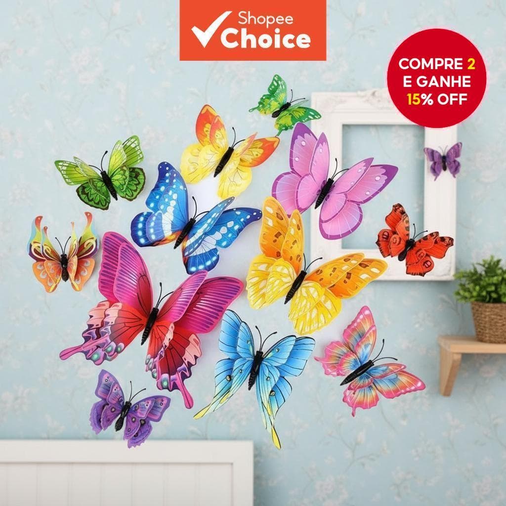  Imãs de Borboleta 3D Criativos para Geladeira - Adesivos Dupla-Simulação Autoadesivos (12 unid./saco)