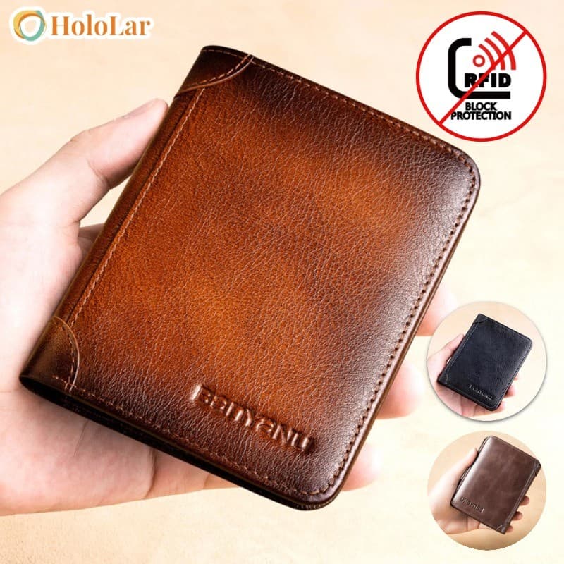 Carteira Antifurto Masculina De Couro Legítimo Vintage De Trifold E Bifold À Escolha HOLOLAR