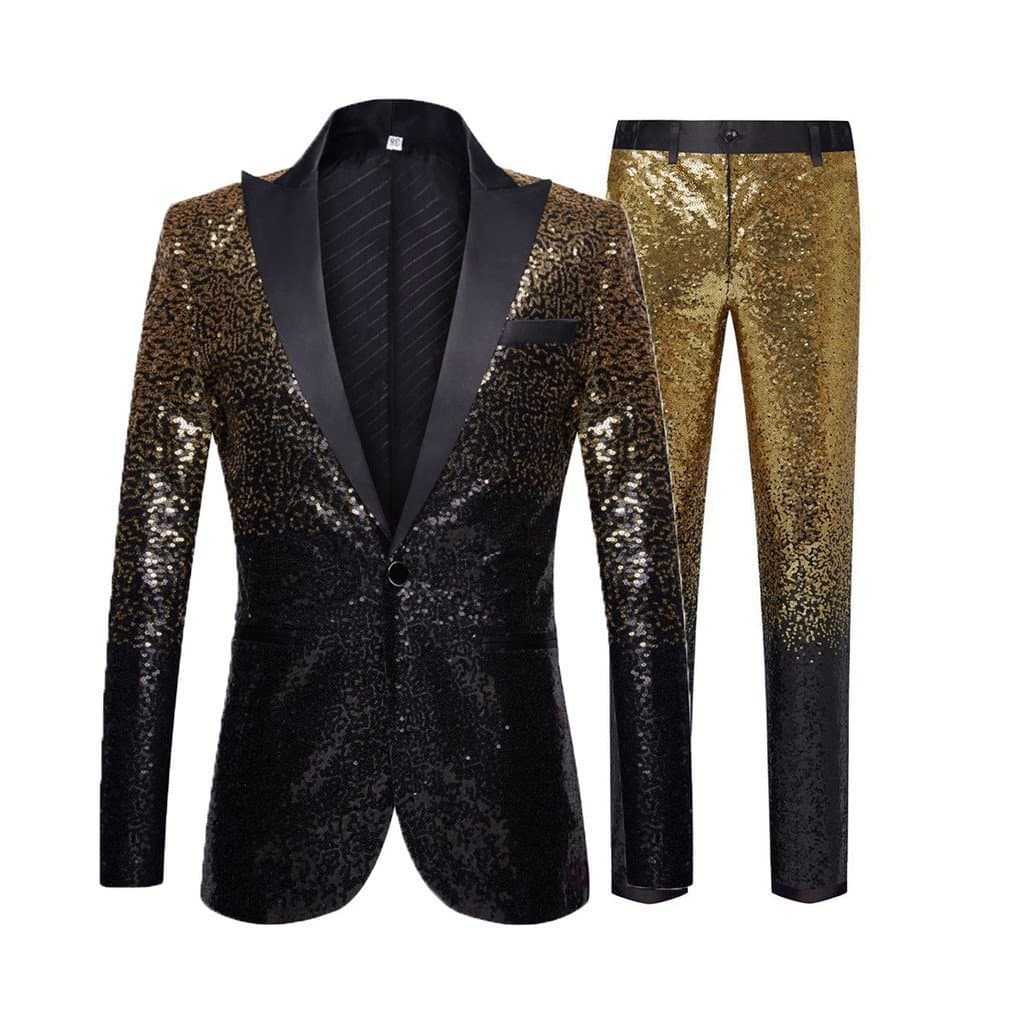 Traje Masculino de Lantejoulas em Degradê para Apresentações em Passarelas, Jaqueta Colorida, Conjunto de Duas Peças par