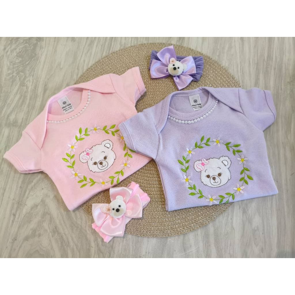 body bebê menina + tiara de cabelo ursinha flores