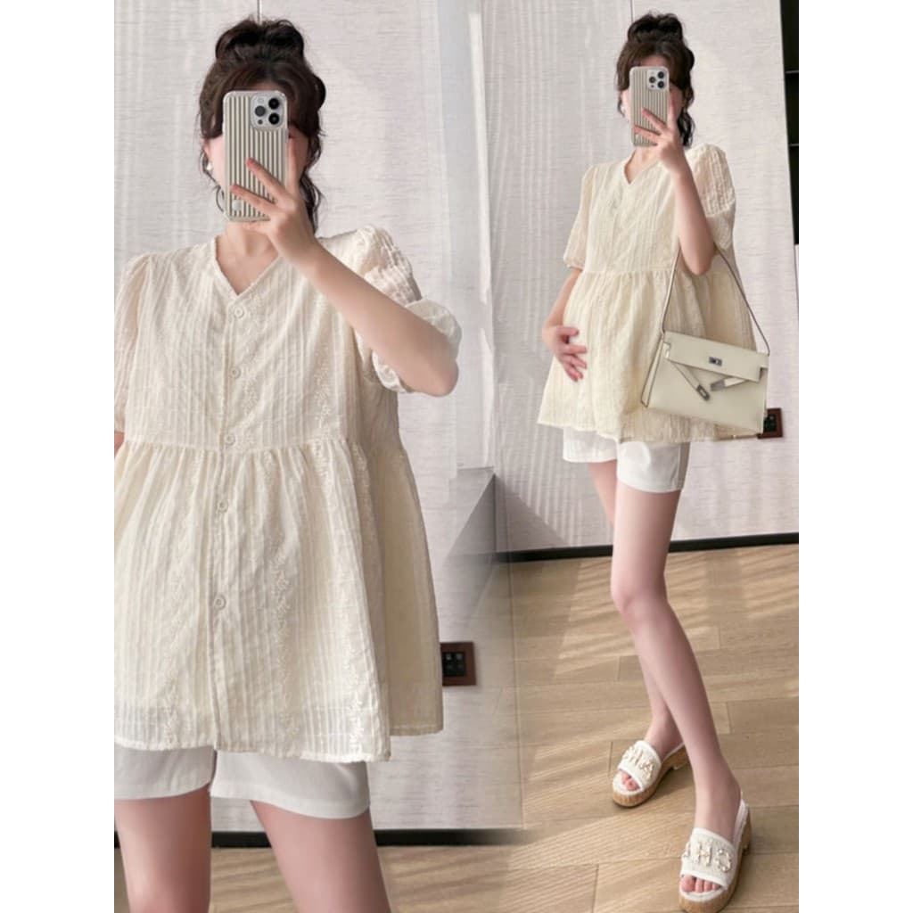 Roupa de maternidade verão moda renda bordada camisa de manga curta do bebê verão grávida topo solto tamanho grande cami