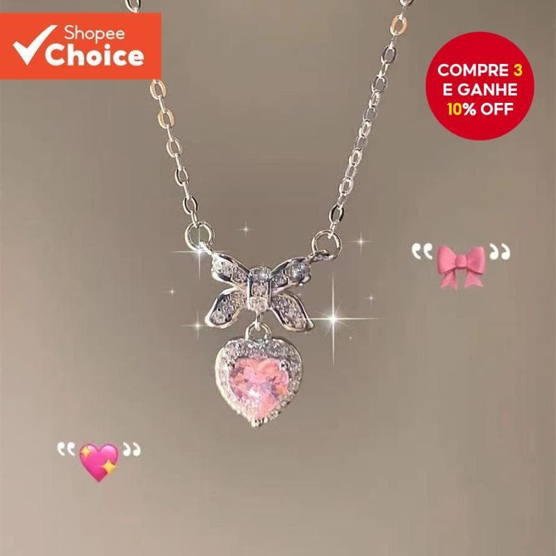 Colar Com Pingente De Coração Para Meninas , Nó De Borboleta Rosa , Joia Fofa , Presente