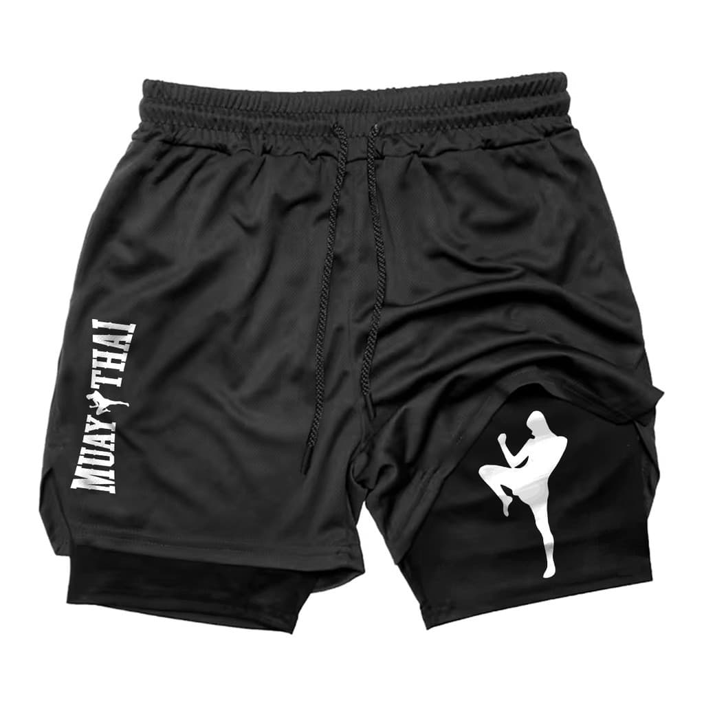 Short Com Forro 2 em 1 Muay Thai Masculino com Proteção UV e Compressão Bermuda para Academia e Corrida Leve