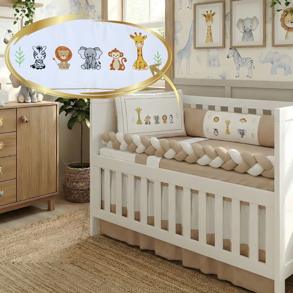 Kit Berço Americano Algodão Safari Erva Doce Azul Bebê Caqui com Mosquiteiro Lençol Elástico  Trança